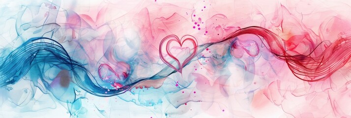 Abstract watercolor paint background illustration - Soft pastel pink blue color and golden lines, with liquid fluid marbled paper texture banner texture