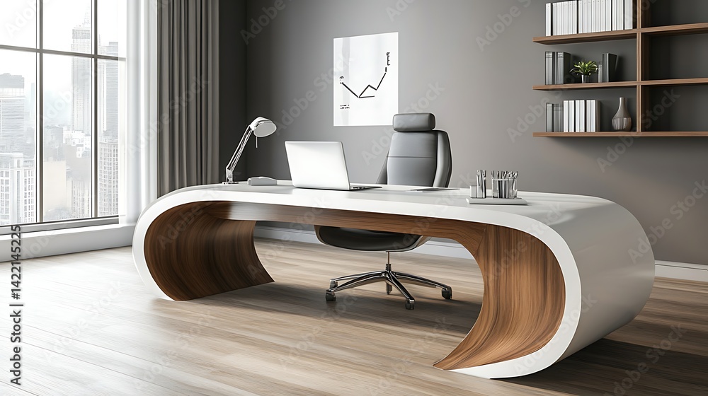 Poster a sleek modern office with a large window and a desk setup