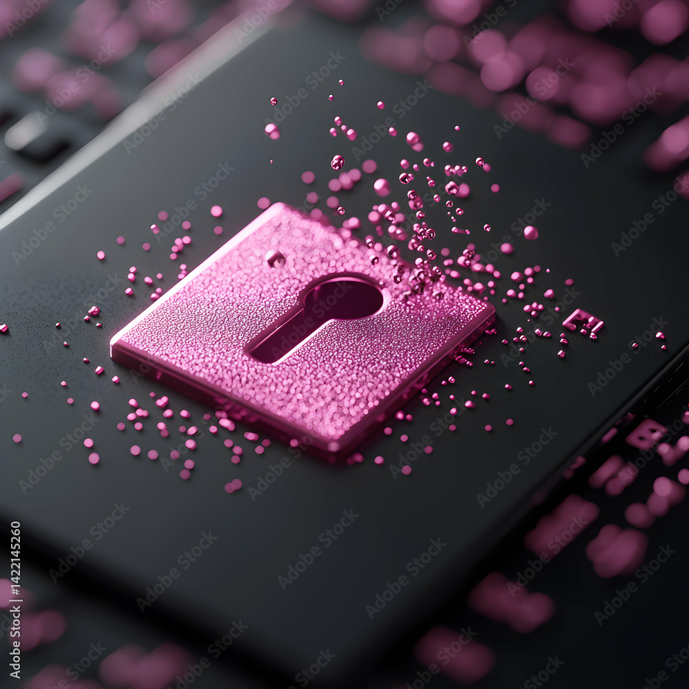 Poster a digital security concept image showing a keyhole symbol made of pink particles. it suggests data p