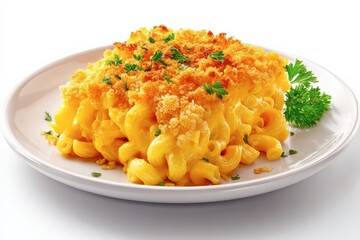 Delicious baked macaroni and cheese with a golden crust on a white plate garnished with parsley.