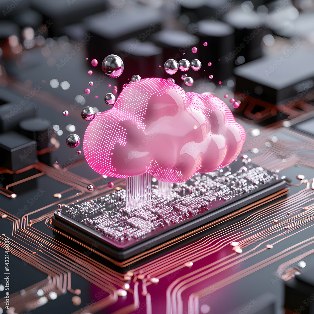Poster a digital cloud illustration featuring a pink cloud emitting data streams. it suggests cloud computi