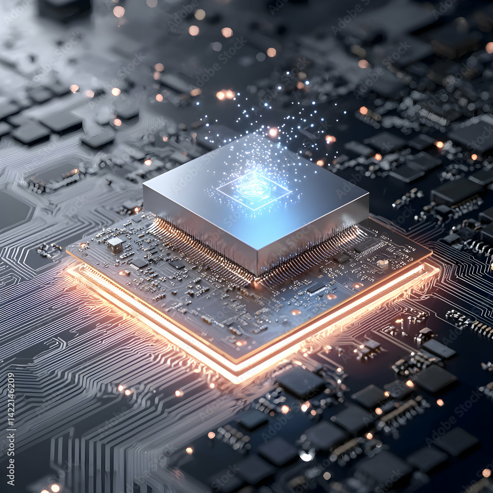 Poster a detailed image showcasing a central processing unit on a circuit board. ideal for presentations or