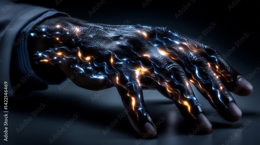 Poster futuristic human hand interconnected with luminous neural network interface
