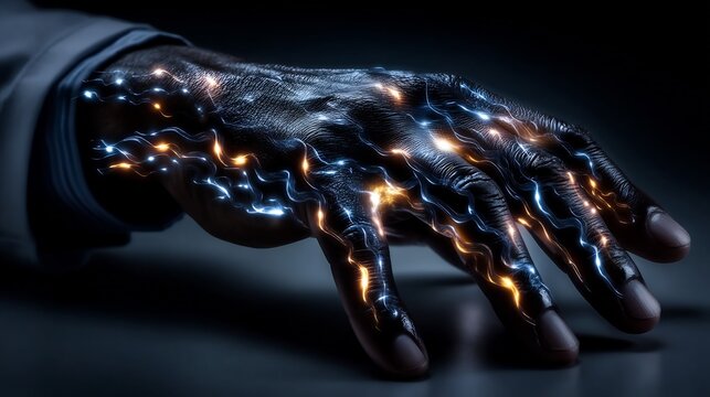 Futuristic human hand interconnected with luminous neural network interface - Powered by Adobe