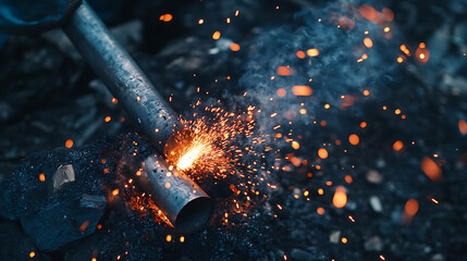 Welding Process with Sparks and Metal Pipe