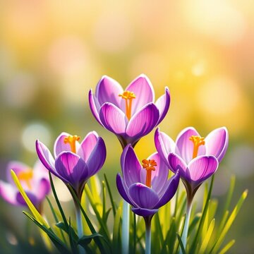 Violet crocus flowers, close-up photo