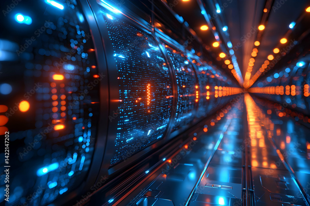 Aufkleber a futuristic data center tunnel illuminated with blue and orange lights. visualize data processing a