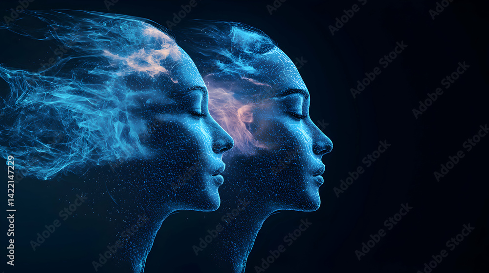 Poster two faces in profile formed from particles and glowing energy depicting the human mind or data visua