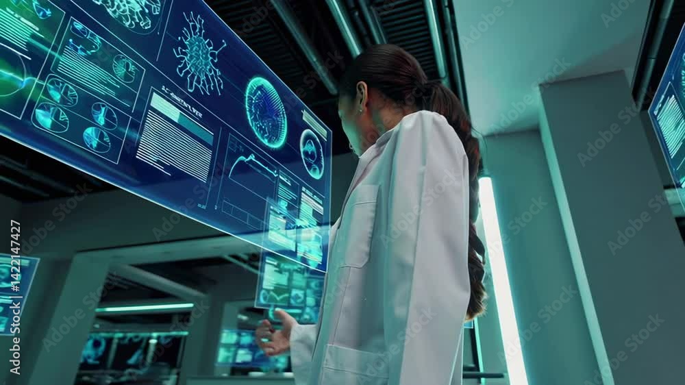 Poster Laboratory scientist interacting with holographic futuristic interface analyzing virus data for vaccine development in a high tech research facility