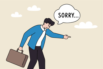 Apologize or say sorry, regret for what happen asking for forgiveness, professional or leadership after mistake or failure, pardon or feel sad concept, businessman bow down say sorry for apologize.