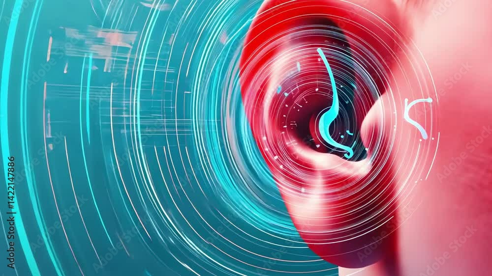 Poster futuristic circular interface visualizing sound waves entering human ear, representing advanced hear
