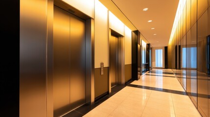 Modern elevator lobby with sleek design, polished floors, and ambient lighting in a high-rise building