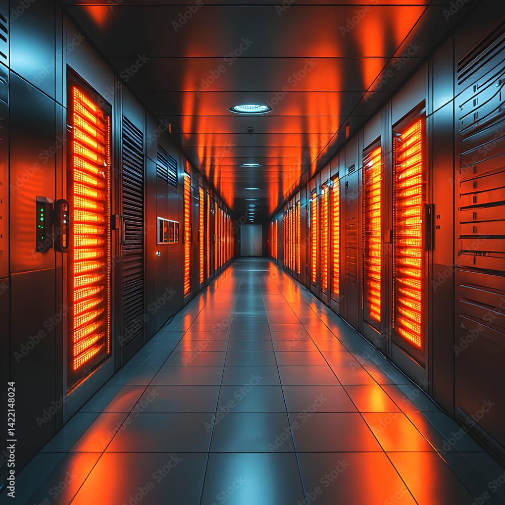 Poster a data center hallway glowing with warm light. ideal for website backgrounds or technology-themed pr