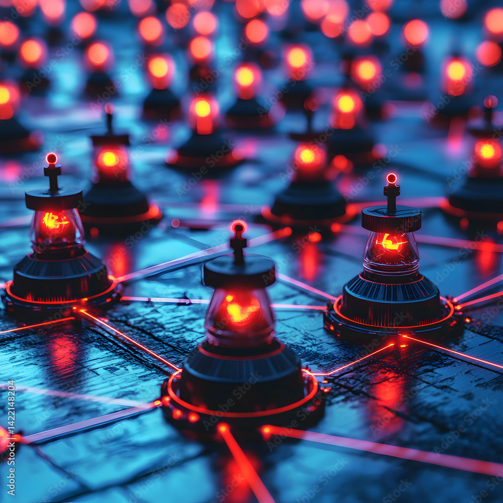 Poster a futuristic network of glowing devices. suggests advanced technology or data processing. perfect fo