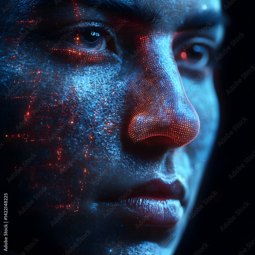 Poster cybernetic face enhanced with glowing circuits. suggests advanced technology or digital augmentation