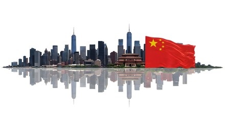 China Flag with Cityscape Reflection