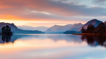 Serene sunset over a tranquil lake with mountains in the background reflecting warm color