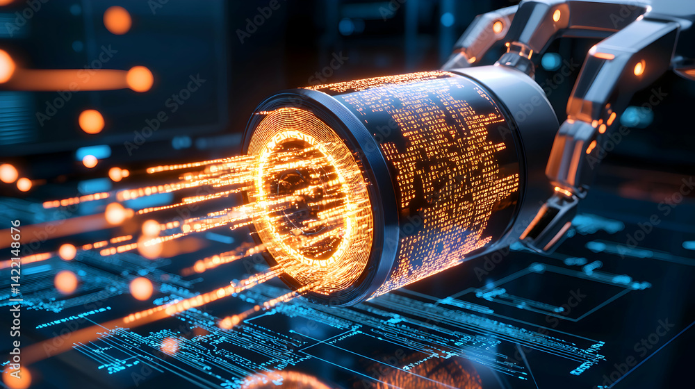 Aufkleber a futuristic robotic hand holding a data cylinder. glowing lines and code elements suggest digital p