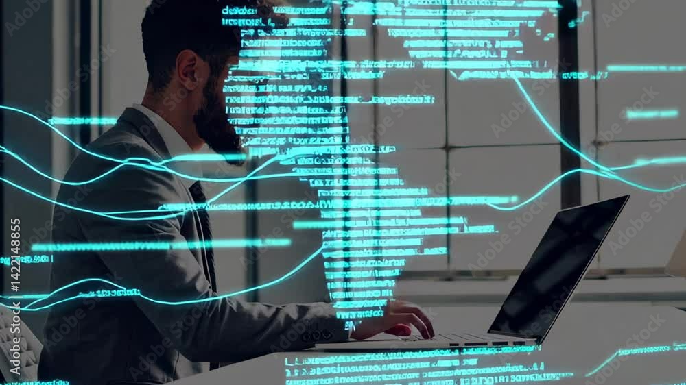 Poster Businessman in suit typing on laptop keyboard developing software with futuristic digital code and global map overlay in a contemporary office space