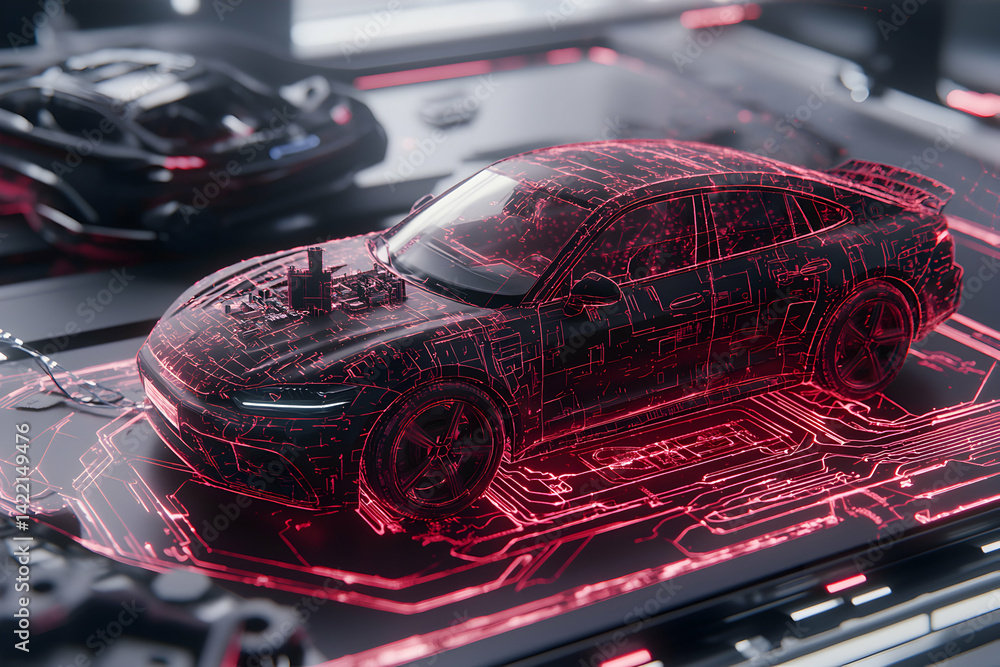 Poster an artistic rendering of a futuristic car. circuitry glows red overlaying the vehicle suggesting ele