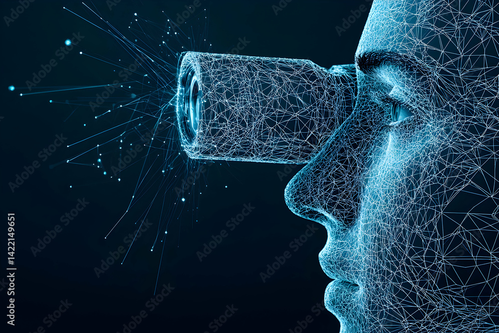 Aufkleber a digital face with a telescope concept. it can visualize data analysis future technology exploratio