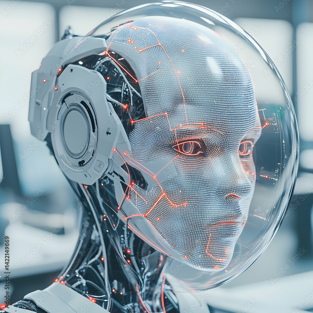 Poster futuristic robotic head with exposed circuitry inside a transparent helmet. suitable for sci-fi desi