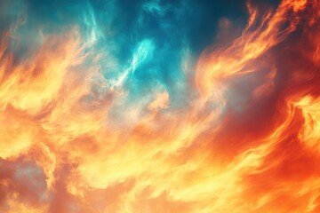 夕方の空で、オレンジと青の色合いが調和し、幻想的な雲が広がっている光景