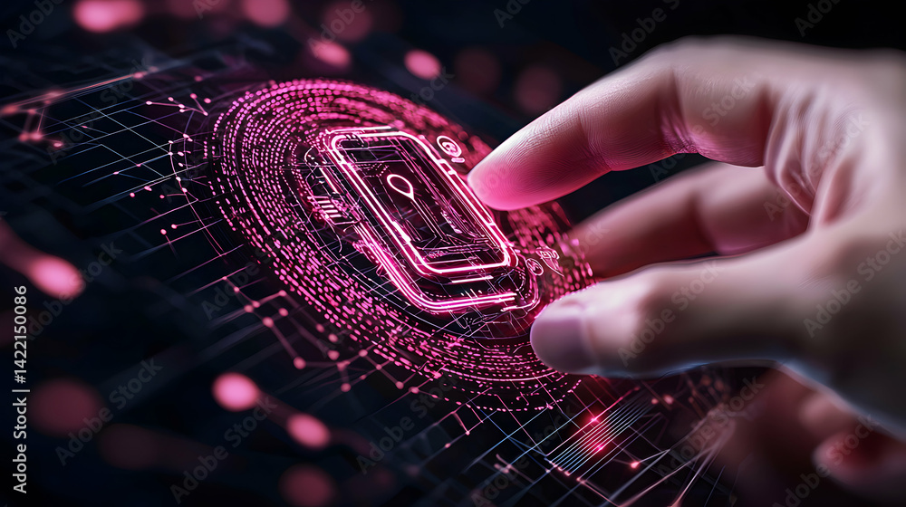 Aufkleber a hand interacts with a glowing digital screen depicting a smartphone futuristic technology and data