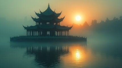 Obraz premium Misty sunrise over ancient temple on a lake