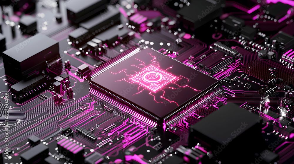 Fototapete close-up view of a futuristic circuit board glowing with neon pink light. ideal for tech presentatio