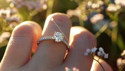 Elegant solitaire diamond ring on delicate hand with flowers background