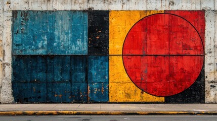 Naklejka premium Abstract Mural Featuring Geometric Shapes Blue Square Black Rectangle Yellow Rectangle Red Circle and Straight Line