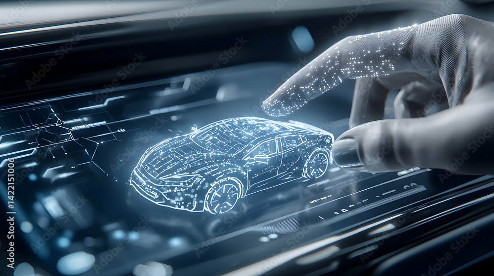 Aufkleber a futuristic interface showcasing a digital car model being interacted with a hand representing adva