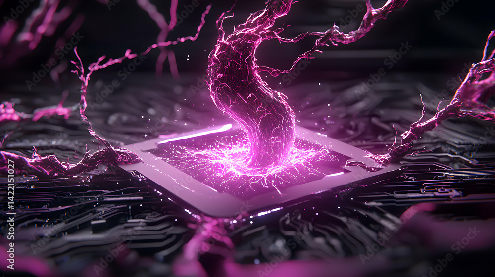 Poster abstract digital art shows a glowing core erupting on a circuit board. it suggests technological gro