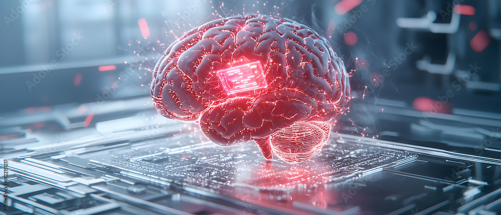 Poster a futuristic image depicts a glowing brain with an embedded microchip. it represents advanced techno