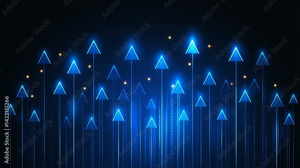 Poster blue background with many arrows pointing upwards. the arrows are in different sizes and are lit up.