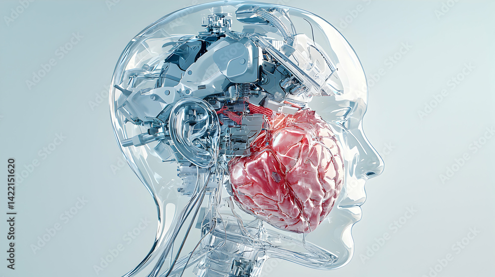 Poster an image showcases a transparent robotic head revealing internal mechanical components and a red hea