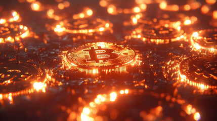Glowing Orange Bitcoin Coins in Dark Background