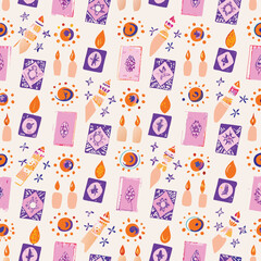 Seamless Mystical Pastel Crystals and Tarot Cards Pattern