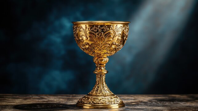 Ornate gold chalice on wooden surface