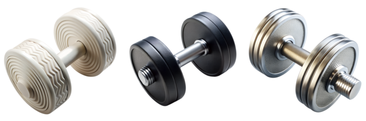 Three dumbbells of different materials on a clean space isolated on transparent background