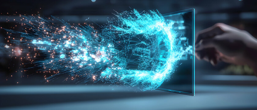 A futuristic image showing data visualization breaking through a screen suggesting advanced technology and digital innovation. Use it for tech presentations.