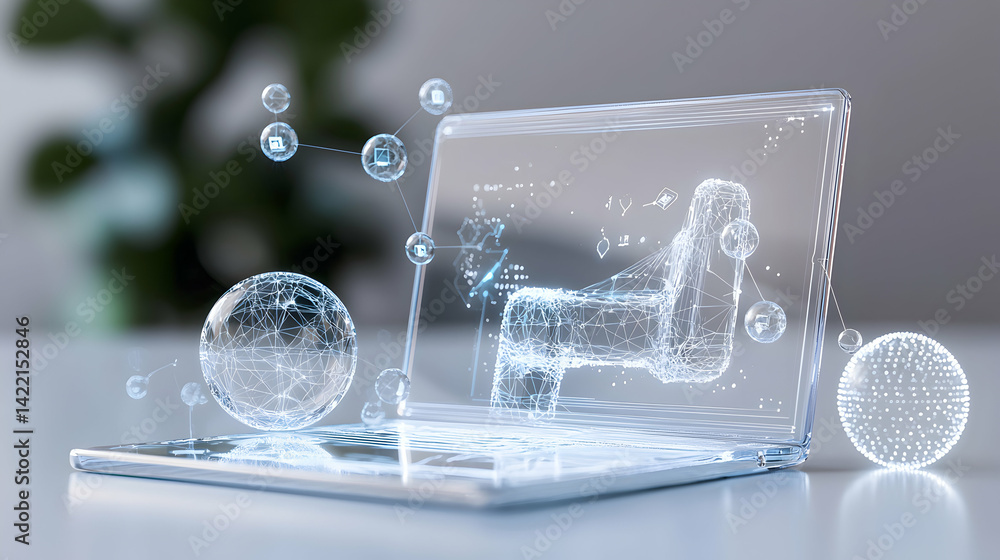 Poster futuristic laptop with a holographic projection. ideal for visualizing data or concepts. suitable fo