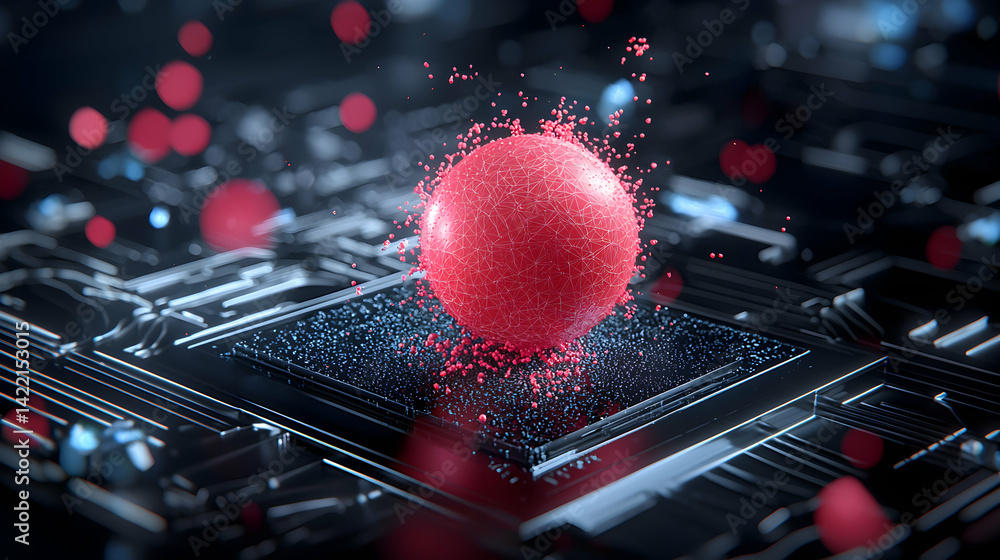 Fototapete abstract digital art depicts a red sphere on a tech device. use this for futuristic designs or data 
