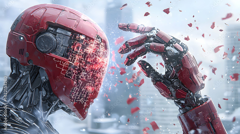 Poster a futuristic robot head and hand interact. the red metallic design contrasts with the city backgroun