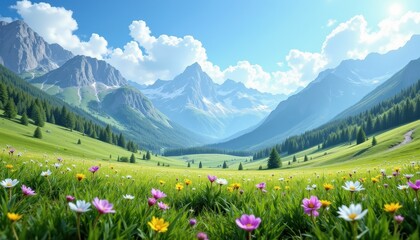Lush meadow valley with mountains