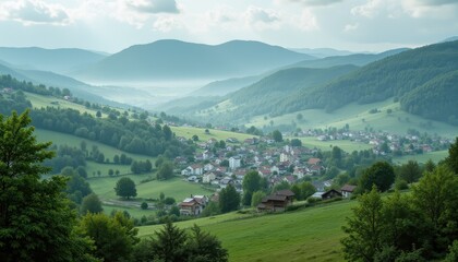 Misty valley with village nestled in hills