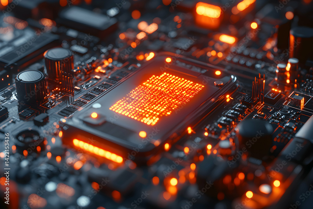 Poster a detailed image of a glowing circuit board likely used in computers. perfect for tech-related desig