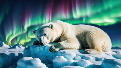 Polar bear resting on ice, aurora borealis