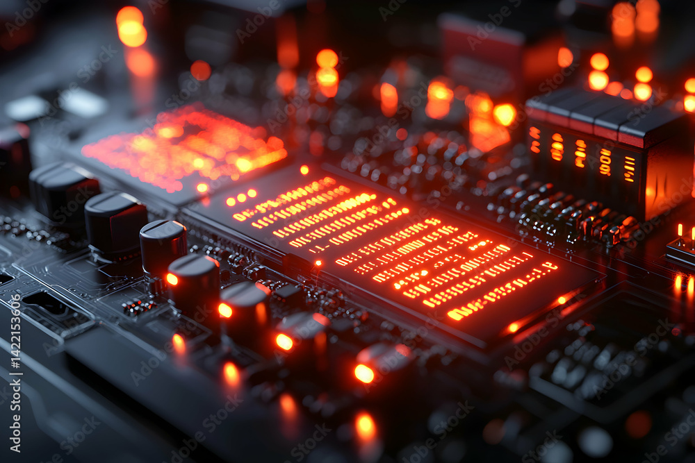 Aufkleber a macro shot of a glowing circuit board. the vibrant orange lights highlight the complex technology 